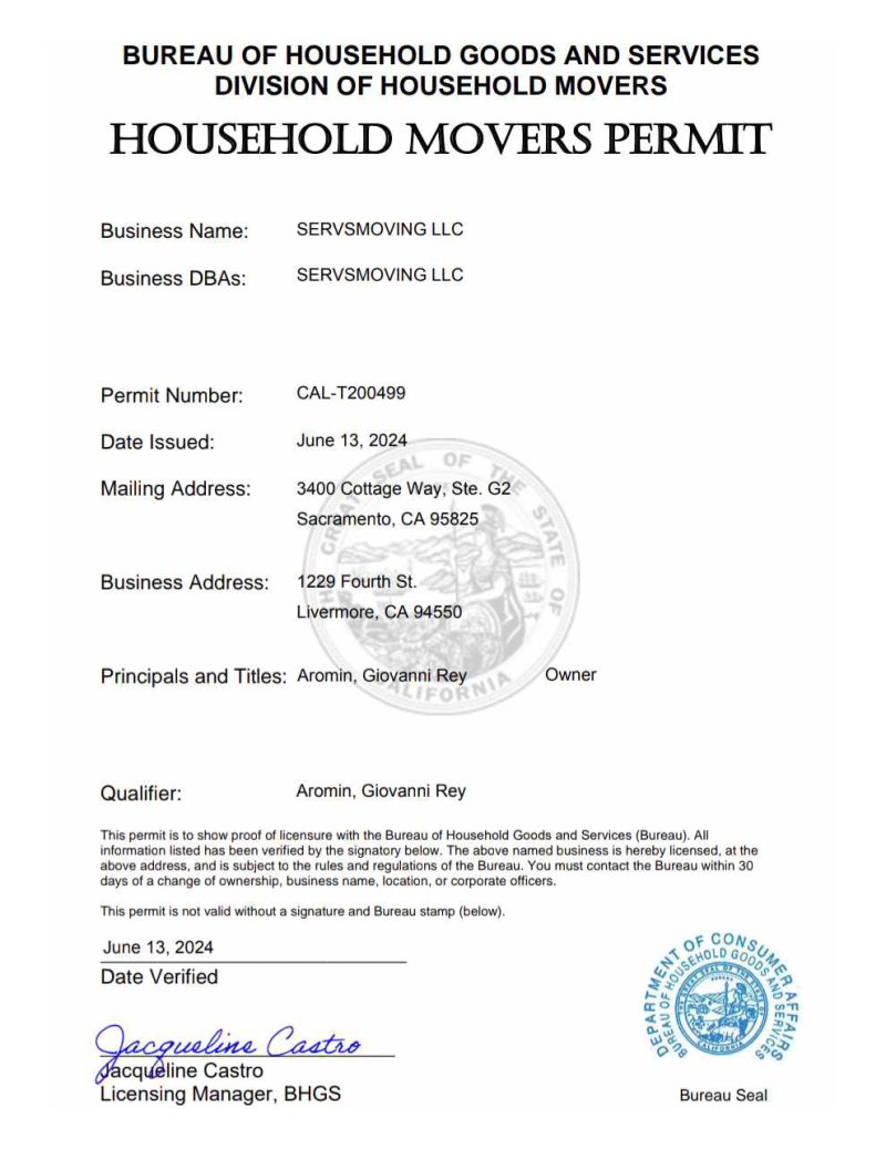 servsmoving llc bureau seal movers permit