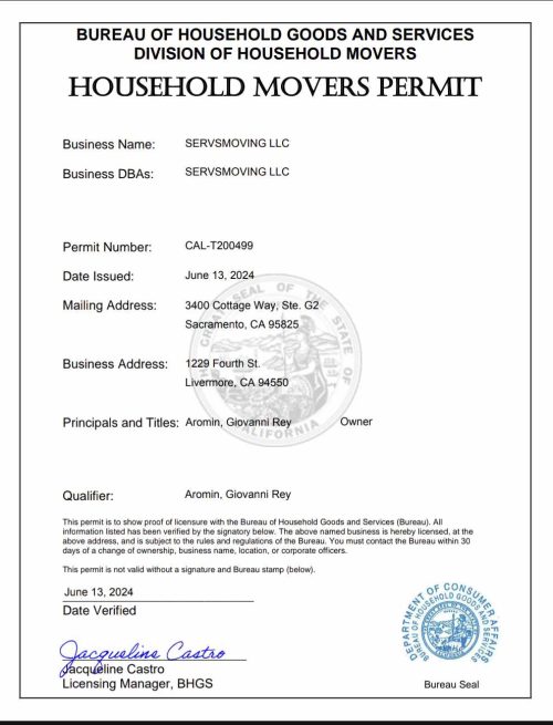 servsmoving llc bureau seal permit